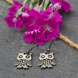 Silver-Tone Heart Owl Dangle Earrings